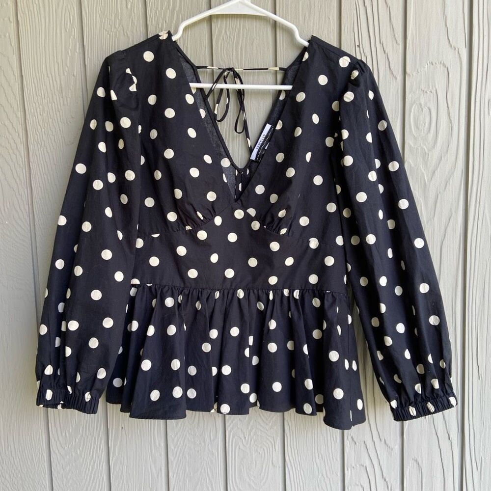 Derek Lam 10 Crosby Savannah Cotton V-Neck Polkadot Peplum Top - SZ 8